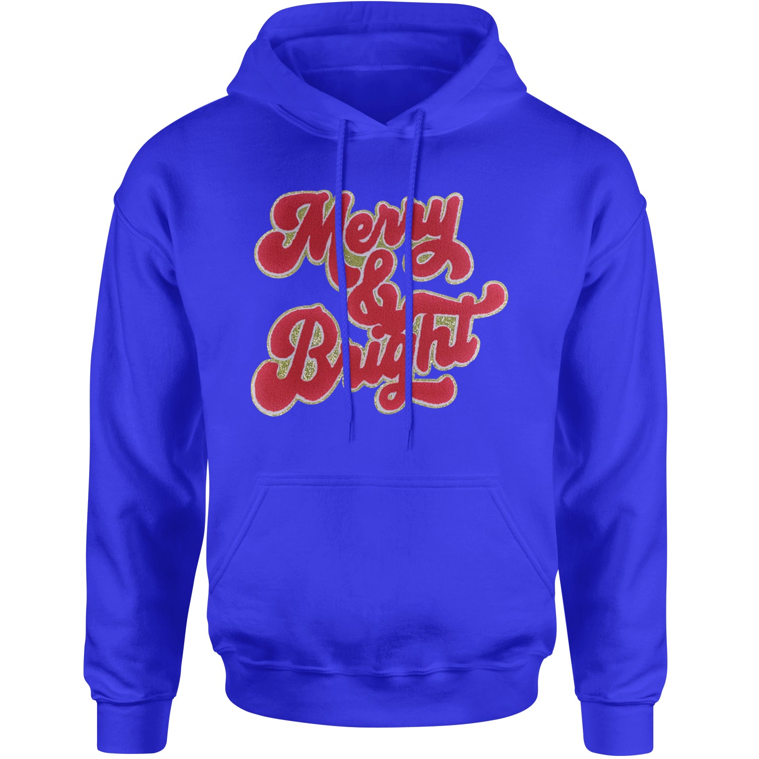 Merry & Bright Chenille Glitter Adult Hoodie Sweatshirt Royal Blue