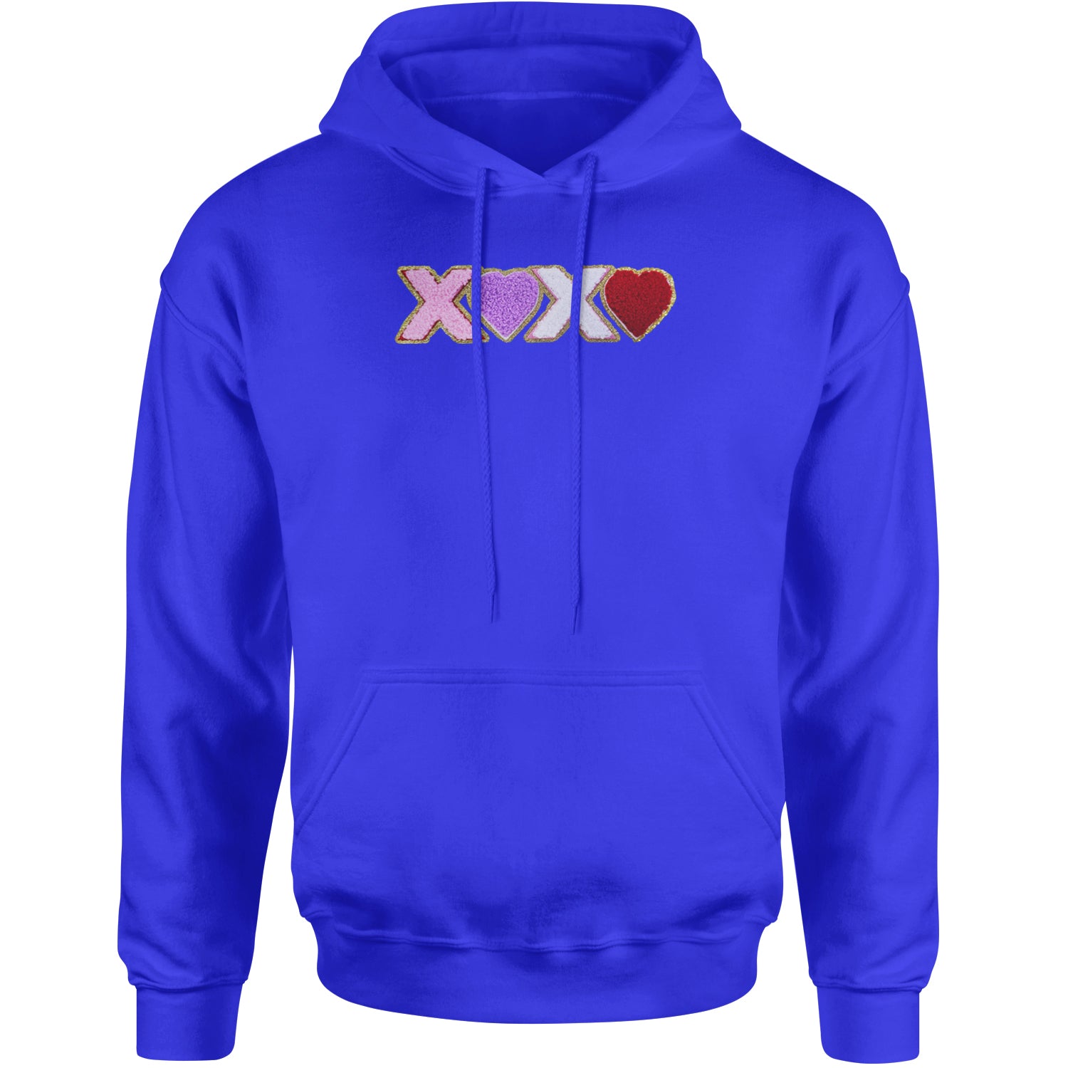 XOXO Chenille Patch Valentines Days Adult Hoodie Sweatshirt Royal Blue