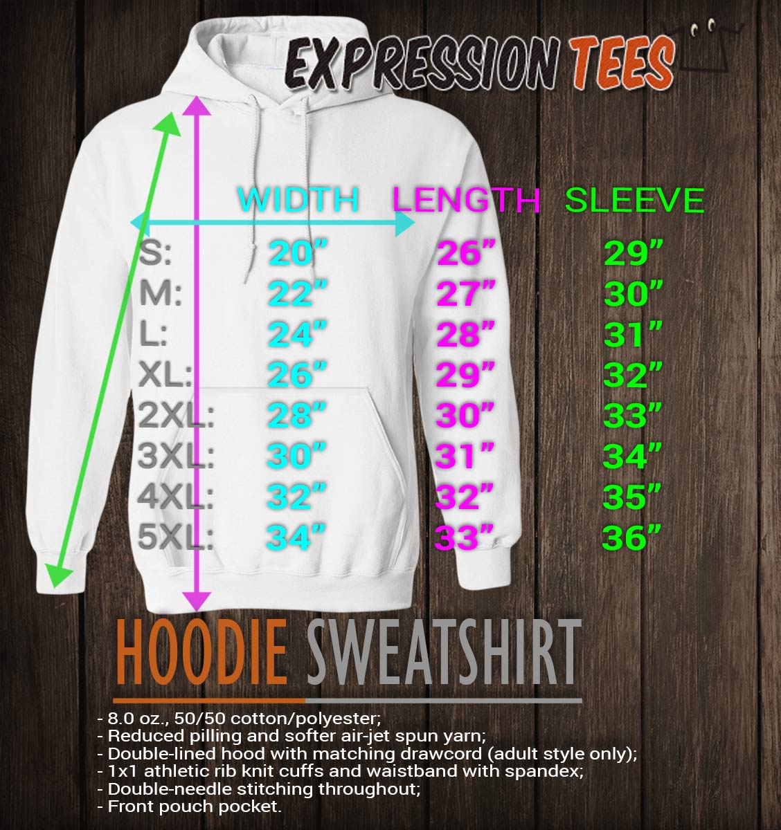 Adult Unisex Hoodie size chart