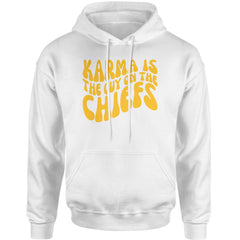 Karma Is The Guy On The Chiefs Boyfriend Adult Hoodie Sweatshirt White