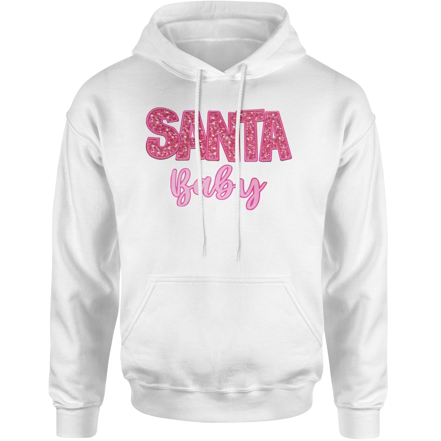 Santa Baby Faux Patch and Sequins Adult Hoodie Sweatshirt White