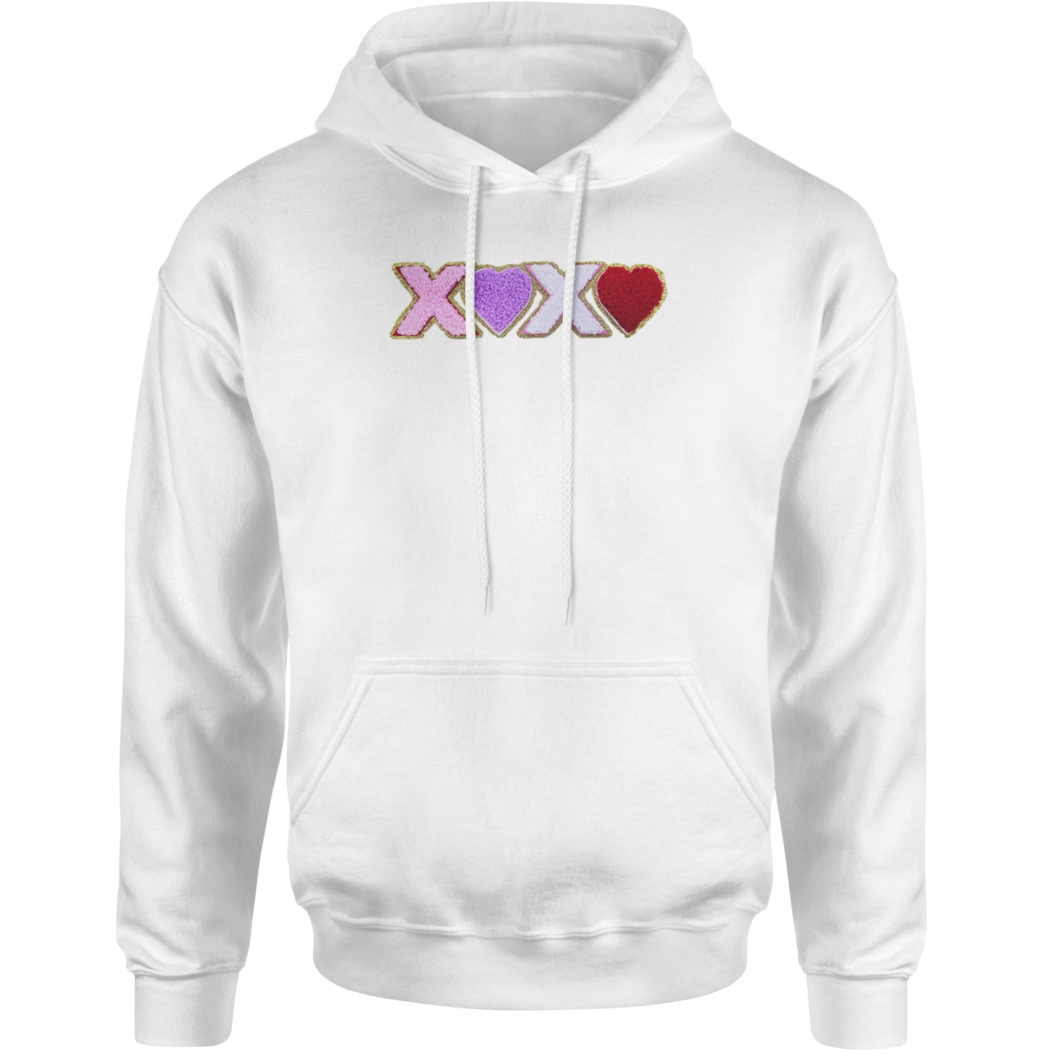 XOXO Chenille Patch Valentines Days Adult Hoodie Sweatshirt White