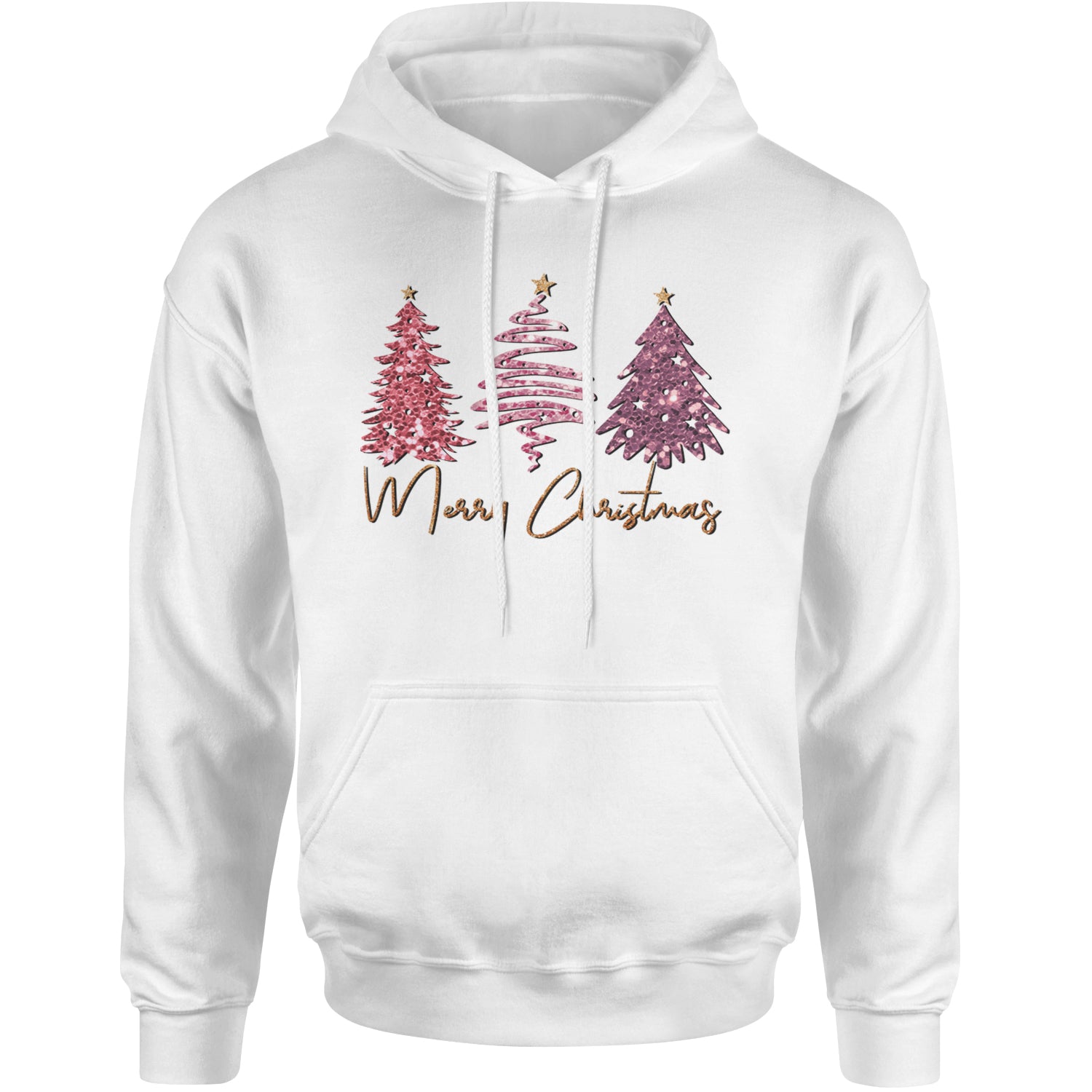 Merry Christmas Faux Glitter Trees Adult Hoodie Sweatshirt White