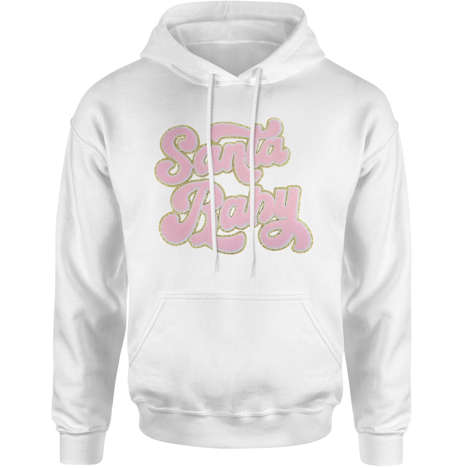 Pink Santa Baby Chenille Patch Adult Hoodie Sweatshirt White