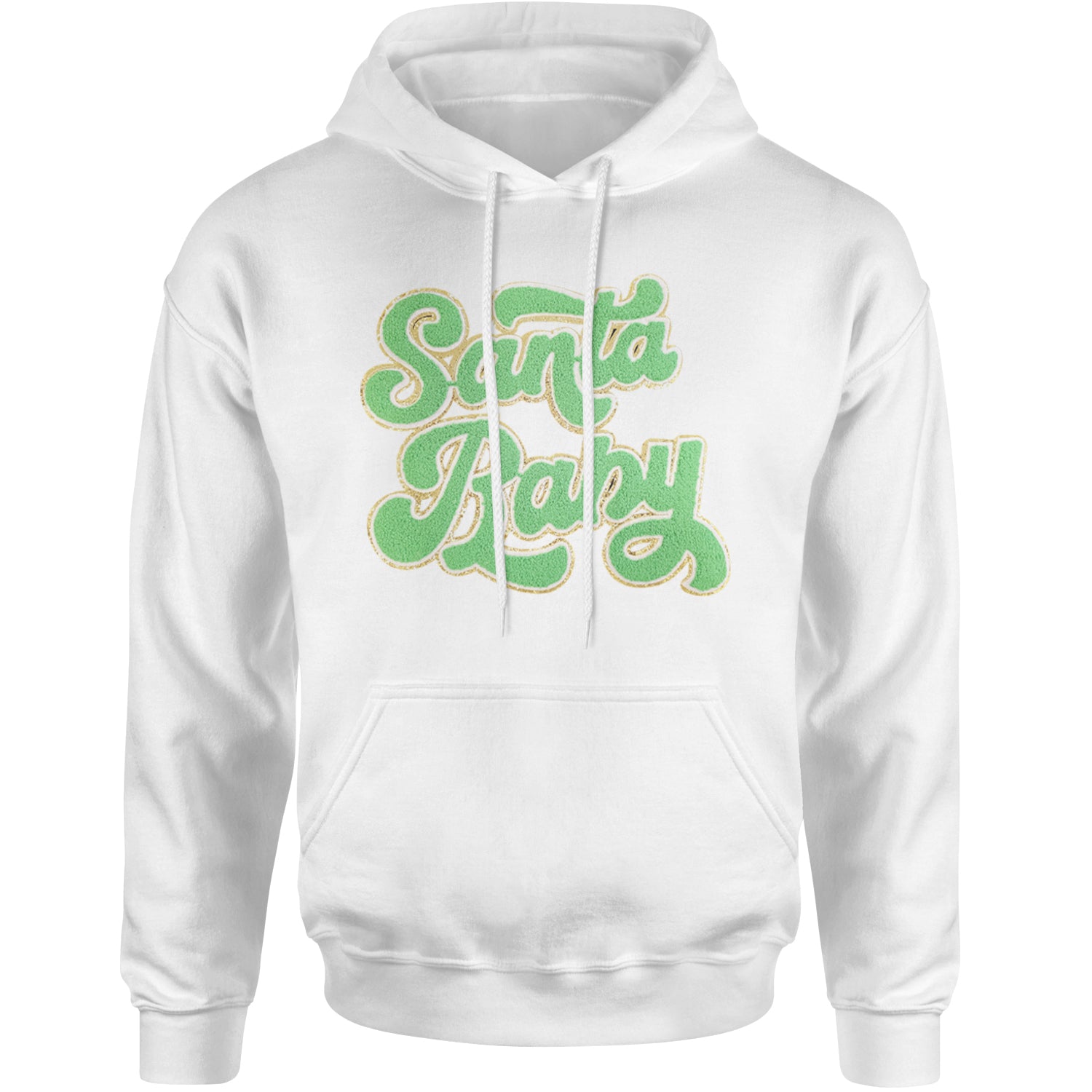 Green Santa Baby Chenille Patch Adult Hoodie Sweatshirt White