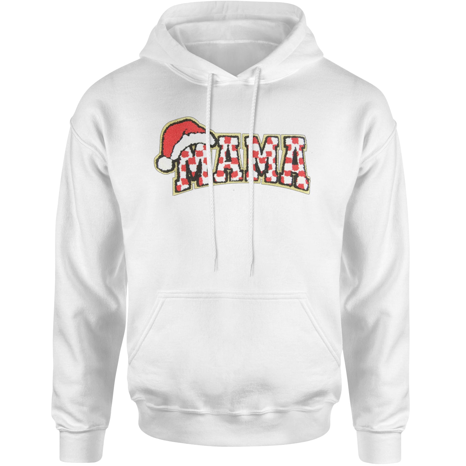 Mama Santa Hat Chenille Patch Adult Hoodie Sweatshirt White