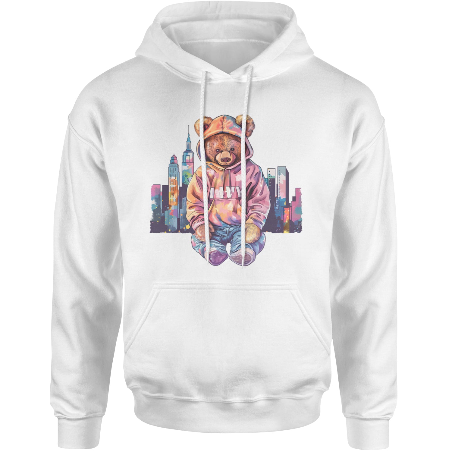 City Skyline Urban Graffiti Bear Adult Hoodie Sweatshirt White