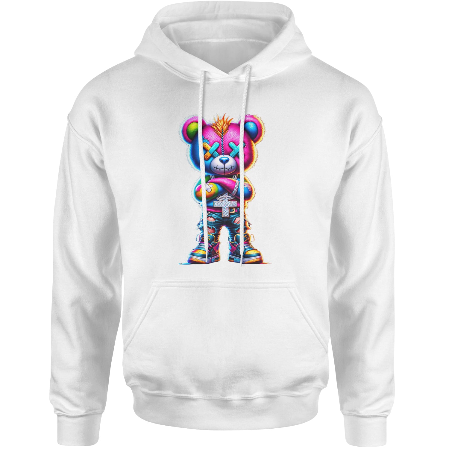 Stitched Neon Urban Graffiti Bear Adult Hoodie Sweatshirt White