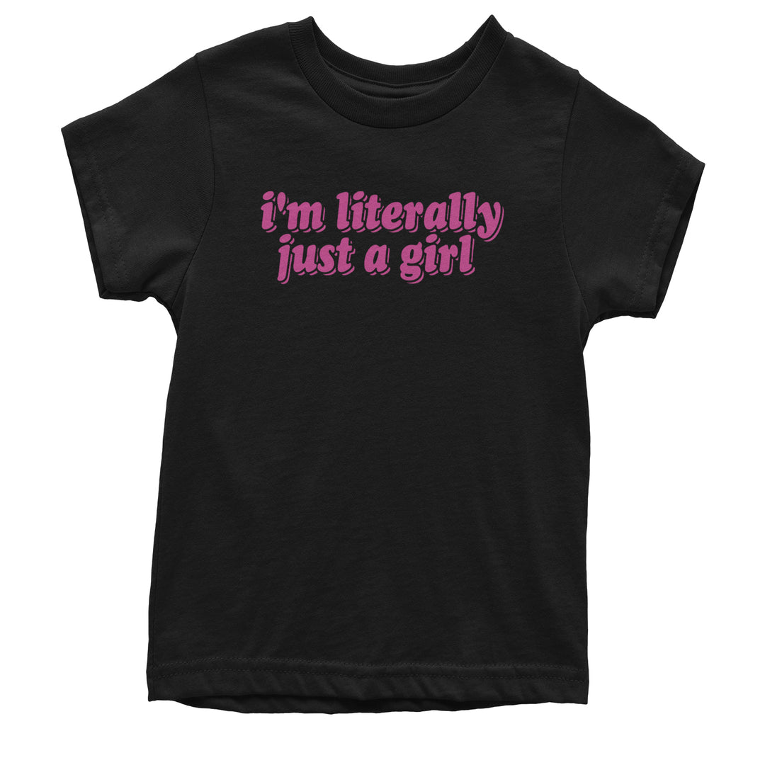 Kids' Heavyweight Cotton T-Shirt with bright pink bubble-letter statement on a soft pink background