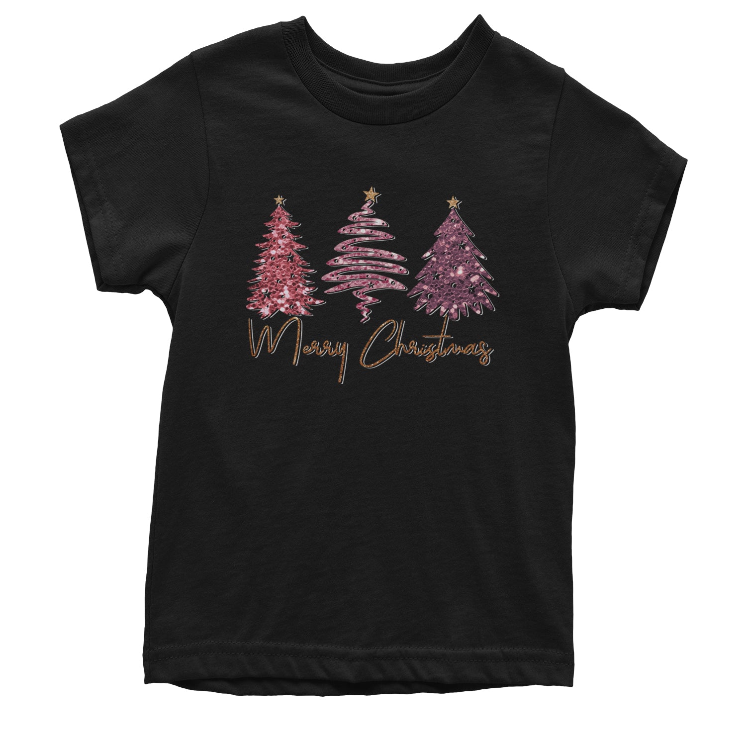 Merry Christmas Faux Glitter Trees Youth T-shirt Black