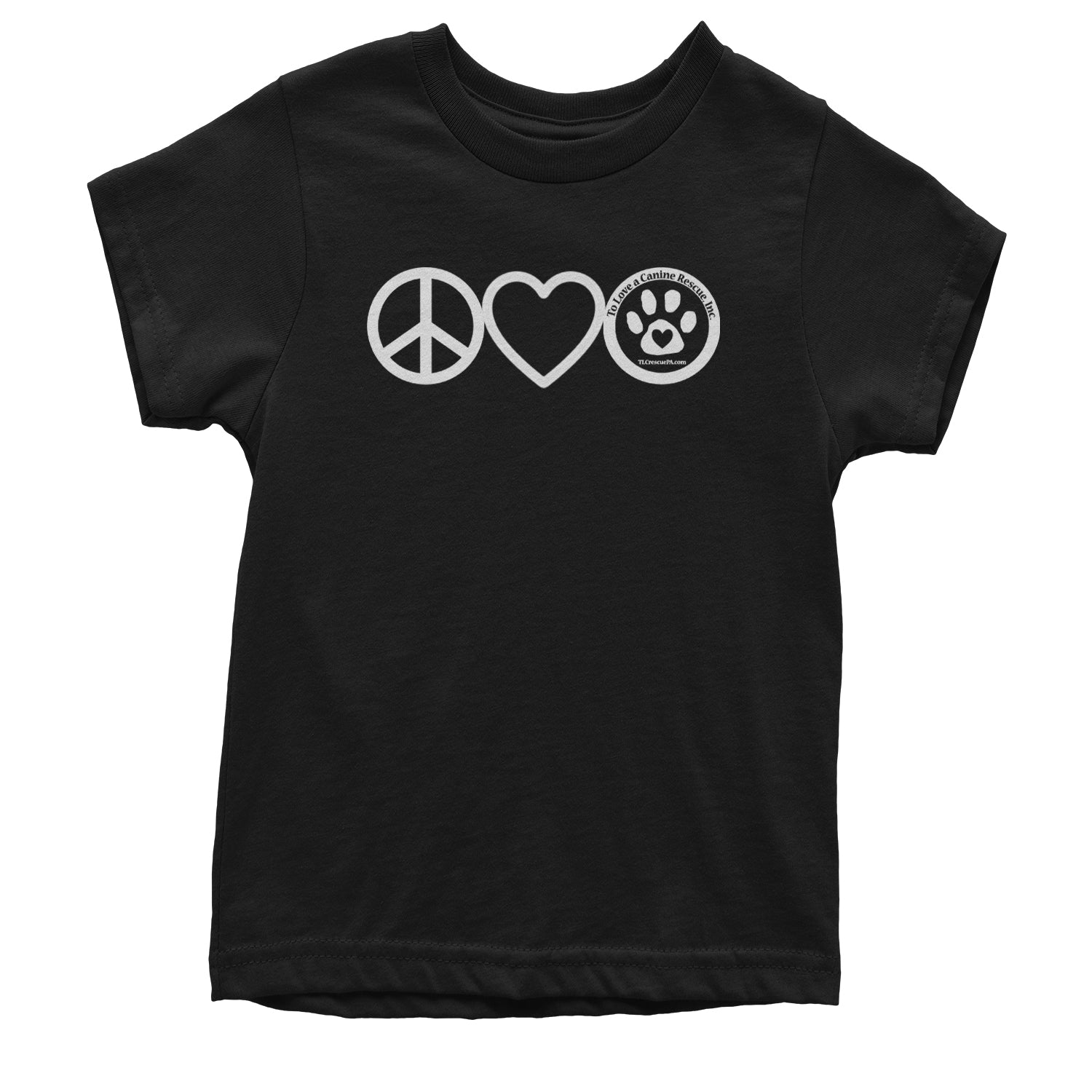 Peace, Love and TLC Dog Rescue Youth T-shirt Black