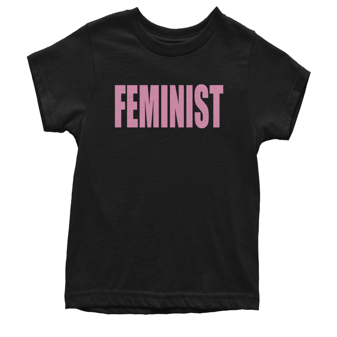 Kids' Heavyweight Cotton T-Shirt with bright pink block "FEMINIST" typography on the front