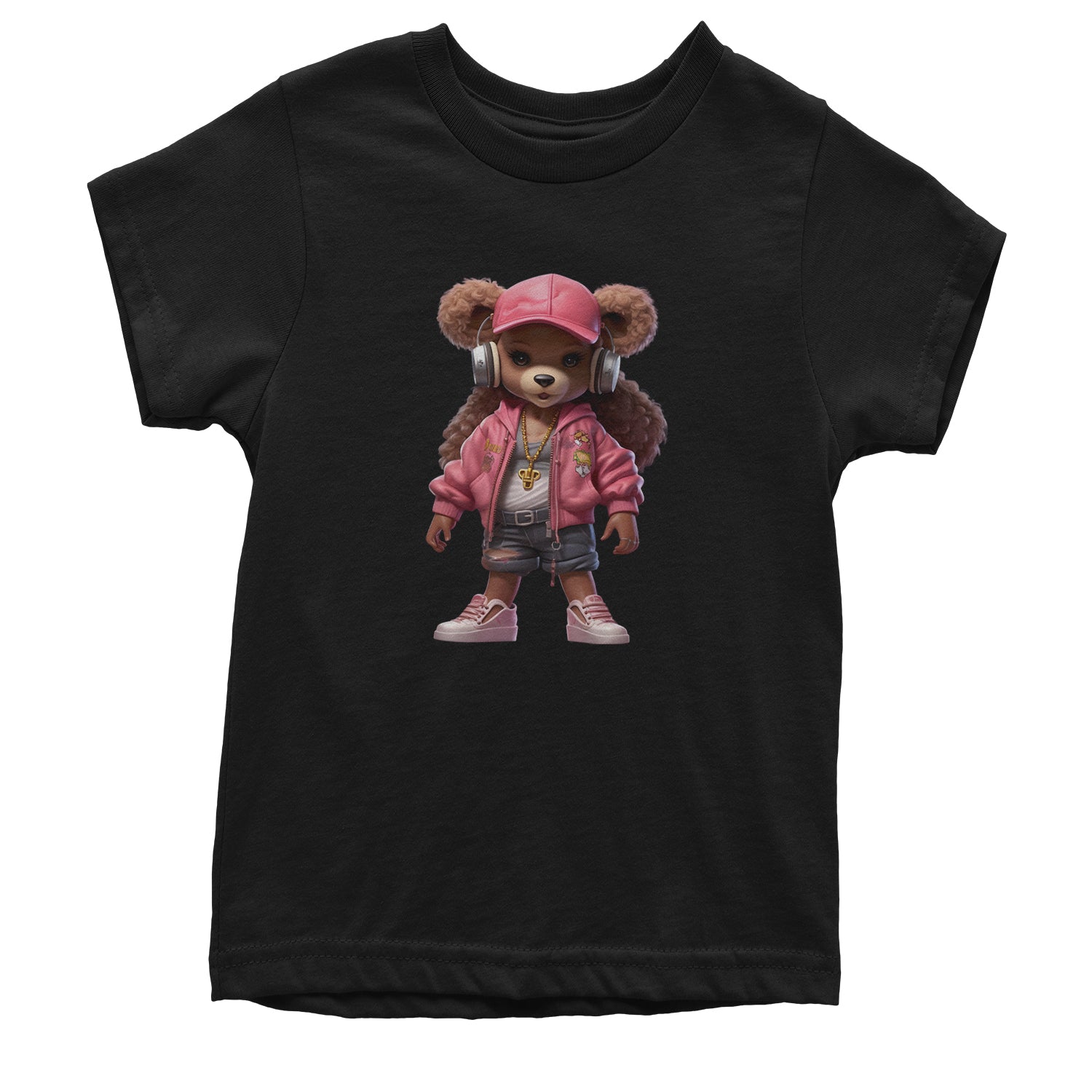 Pink Female Urban Graffiti Bear Youth T-shirt Black