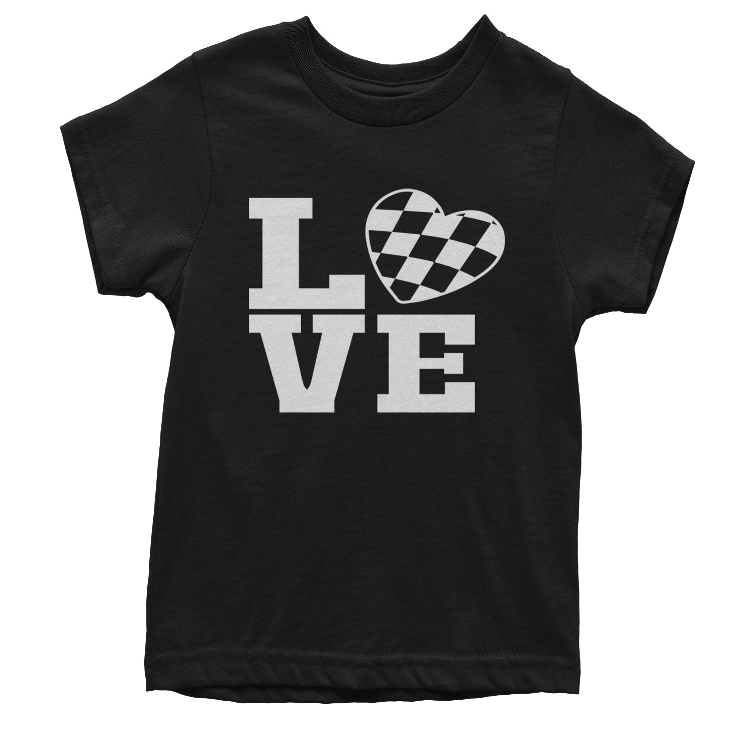 Love Racing Checkered Flag Heart Youth T-shirt Black