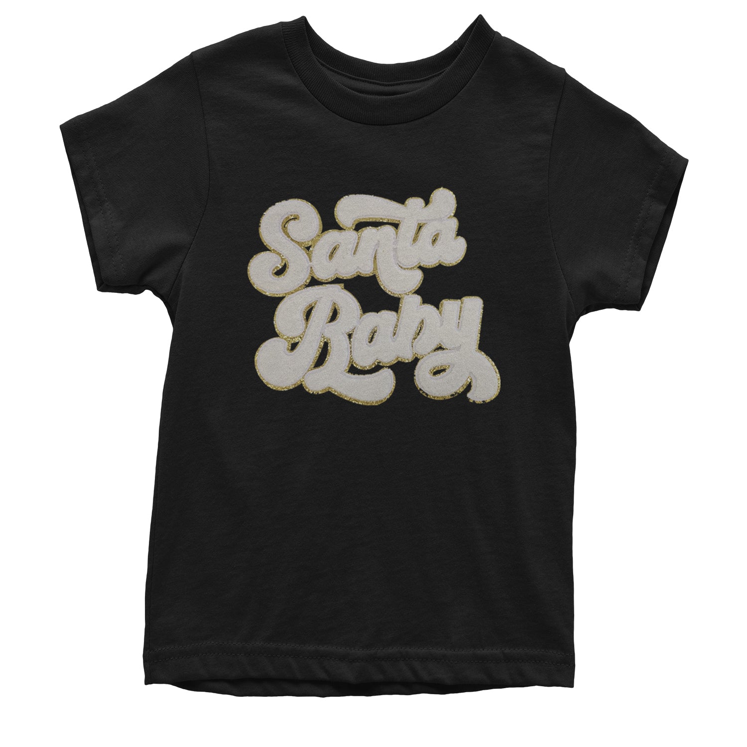 White Santa Baby Chenille Patch Youth T-shirt Black