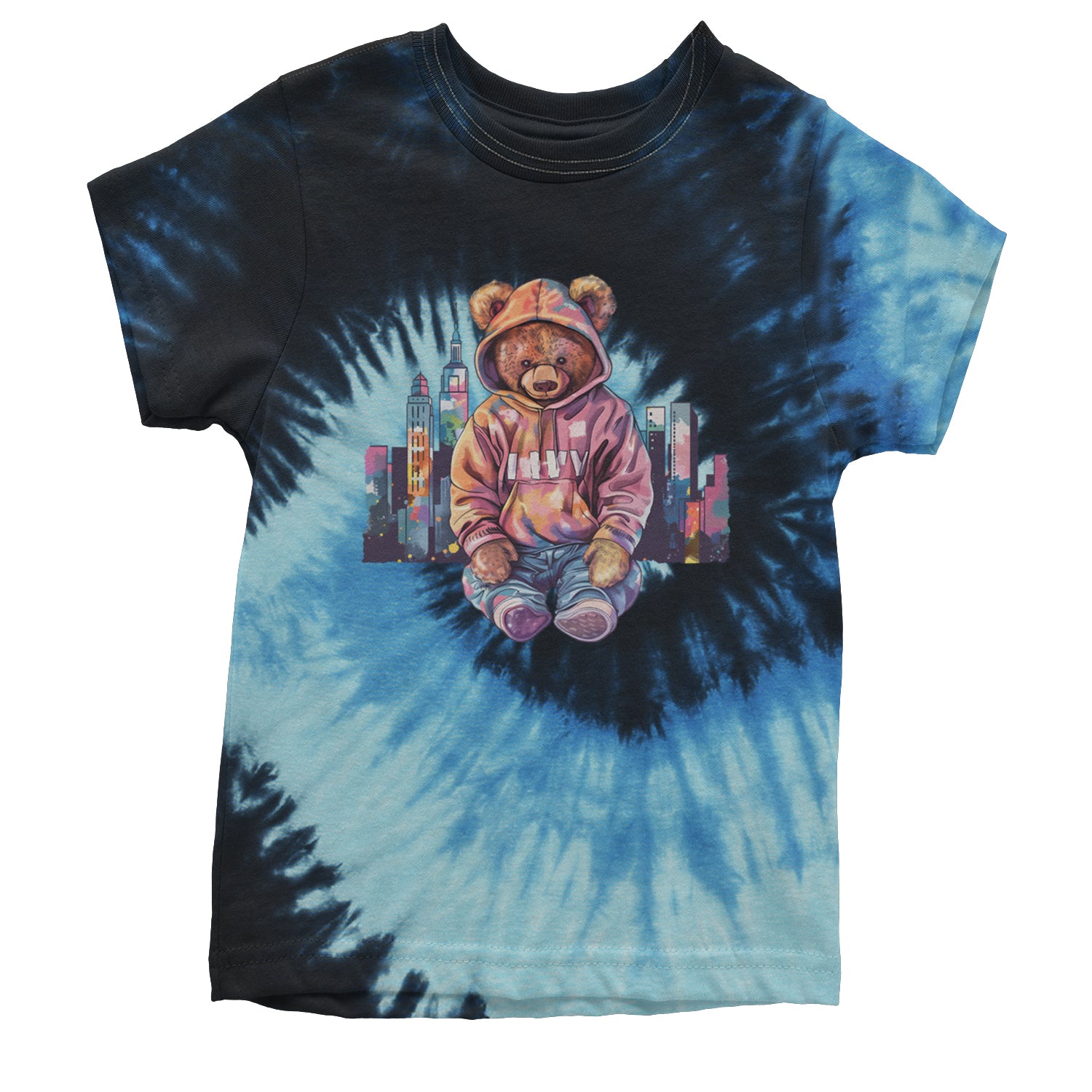 City Skyline Urban Graffiti Bear Youth T-shirt Tie-Dye Blue Ocean