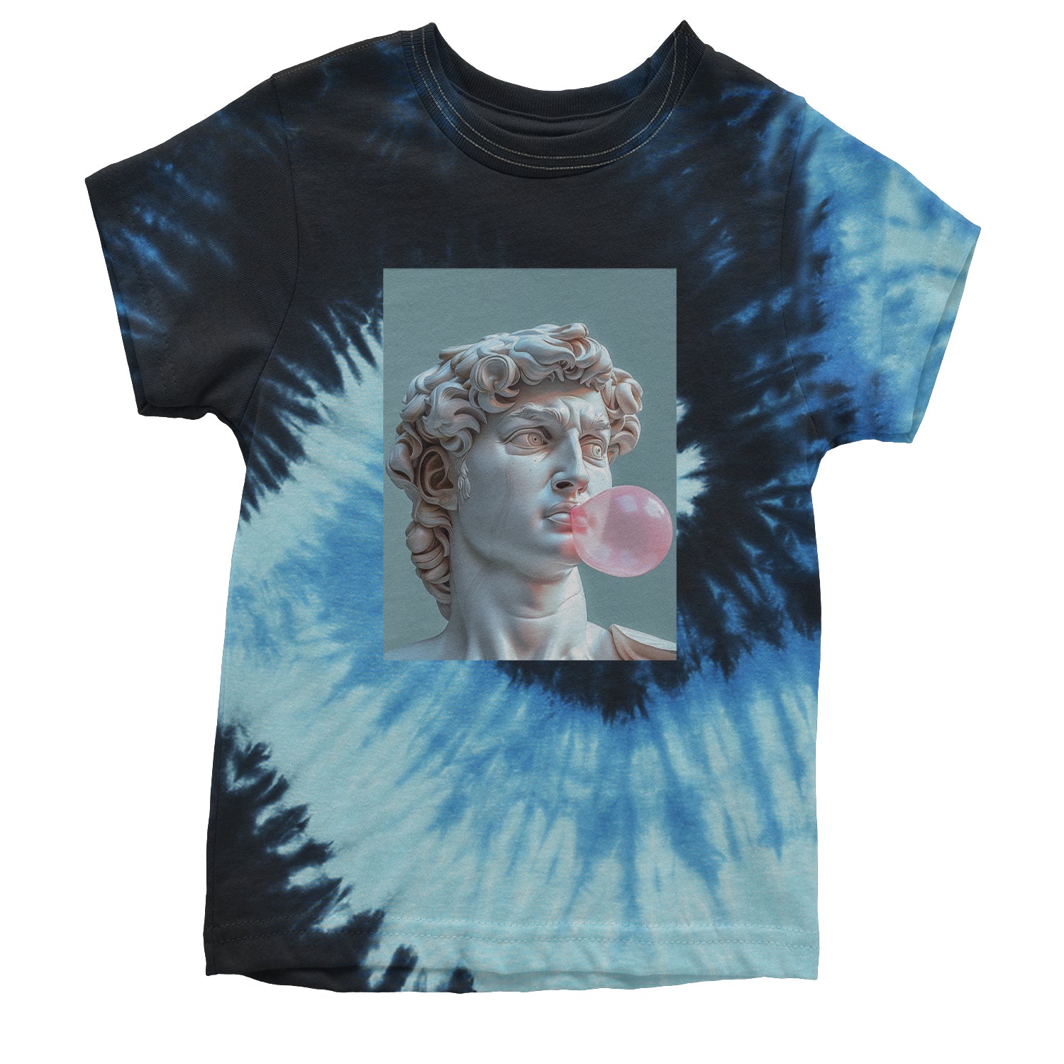 Michelangelo's David with Bubble Gum Contemporary Statue Art Youth T-shirt Tie-Dye Blue Ocean