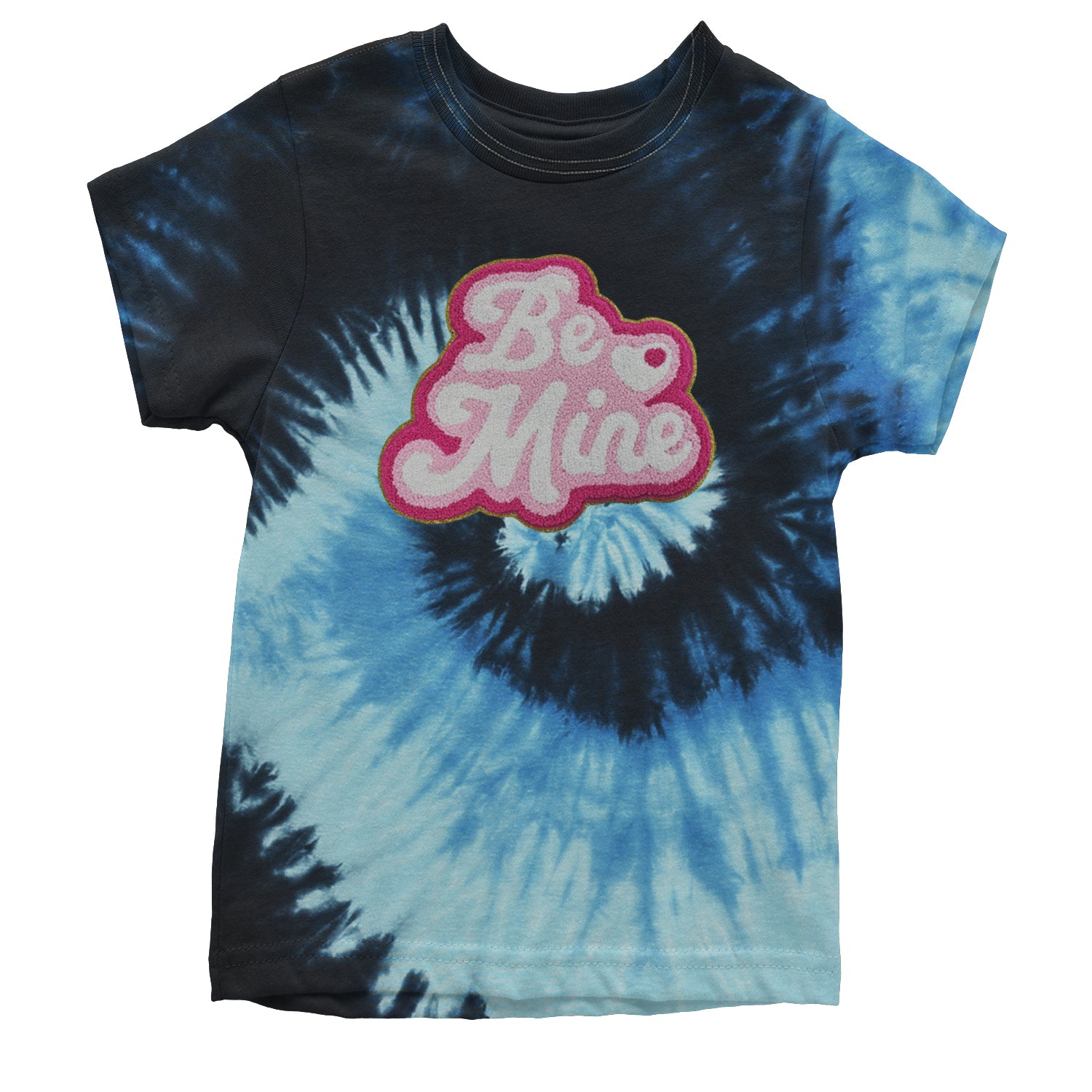 Be Mine Chenille Patch Valentines Days Youth T-shirt Tie-Dye Blue Ocean