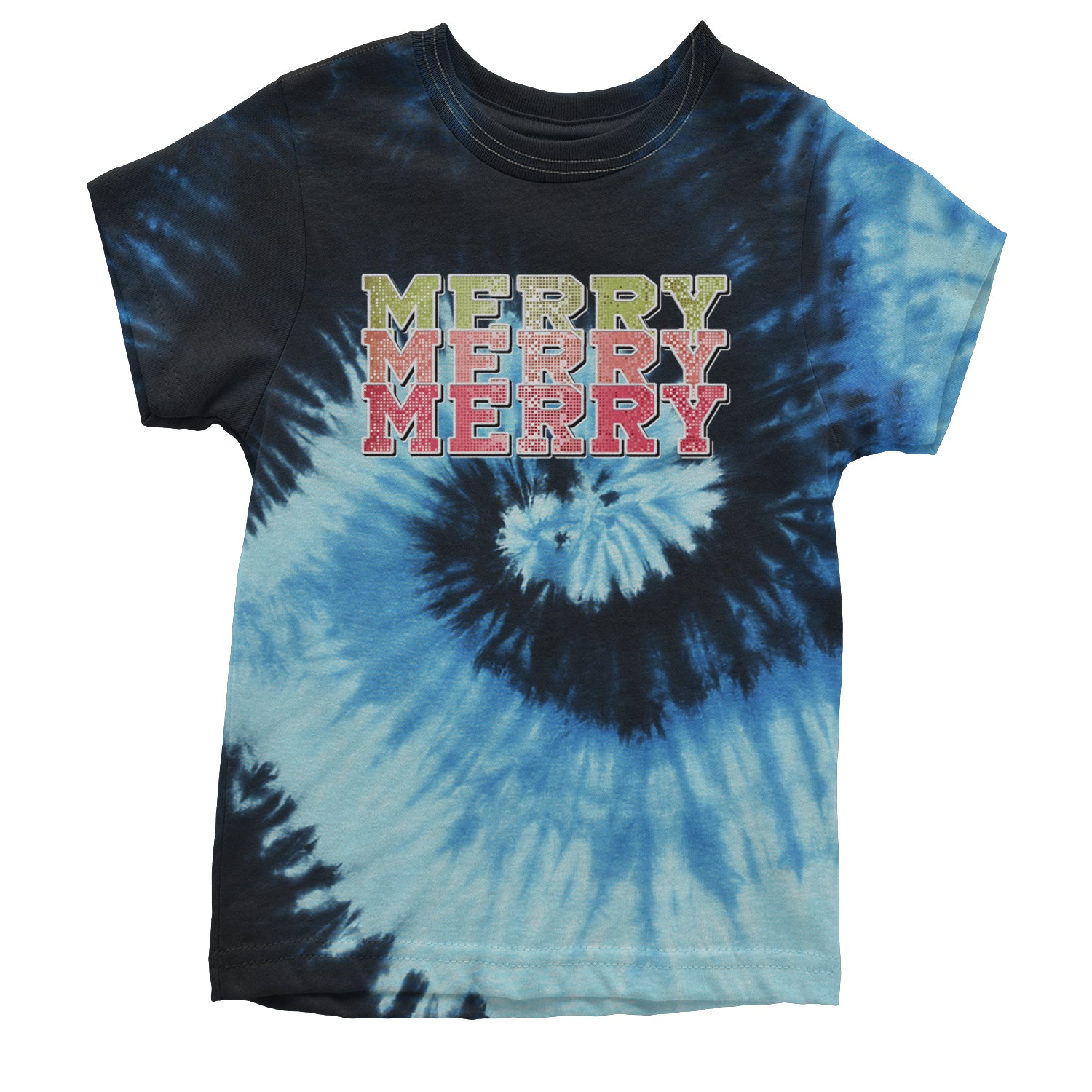 Merry Merry Merry Faux Sequins Youth T-shirt Tie-Dye Blue Ocean