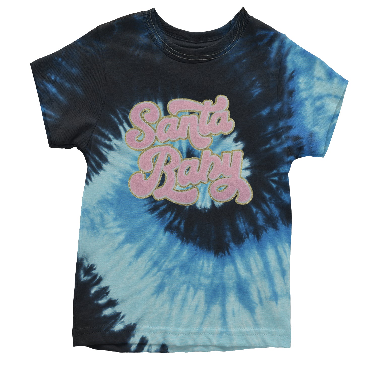 Pink Santa Baby Chenille Patch Youth T-shirt Tie-Dye Blue Ocean