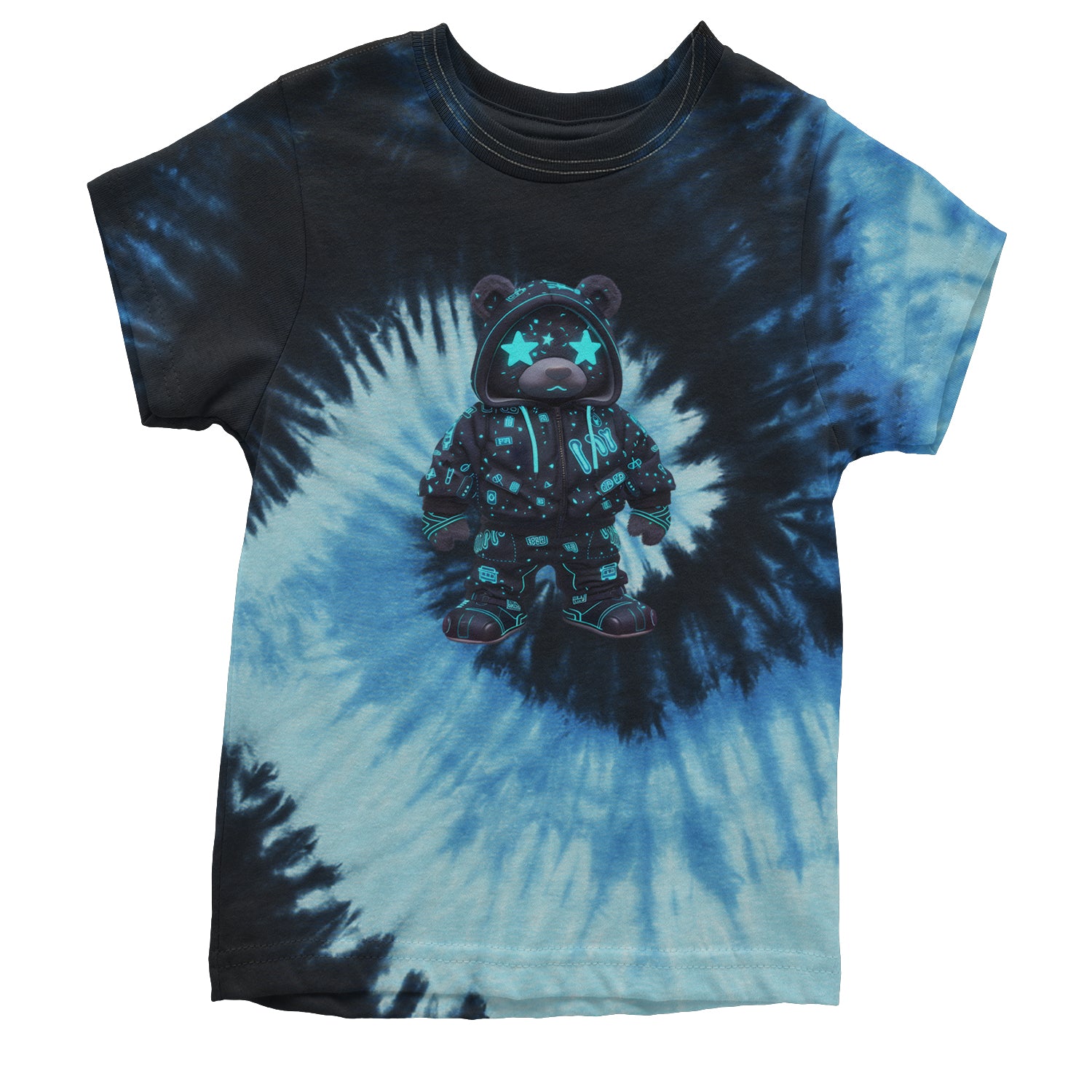 Starry Eyed Vaporwave Urban Graffiti Bear Youth T-shirt Tie-Dye Blue Ocean