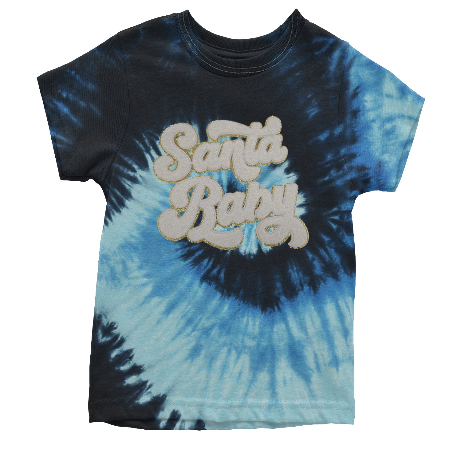 White Santa Baby Chenille Patch Youth T-shirt Tie-Dye Blue Ocean