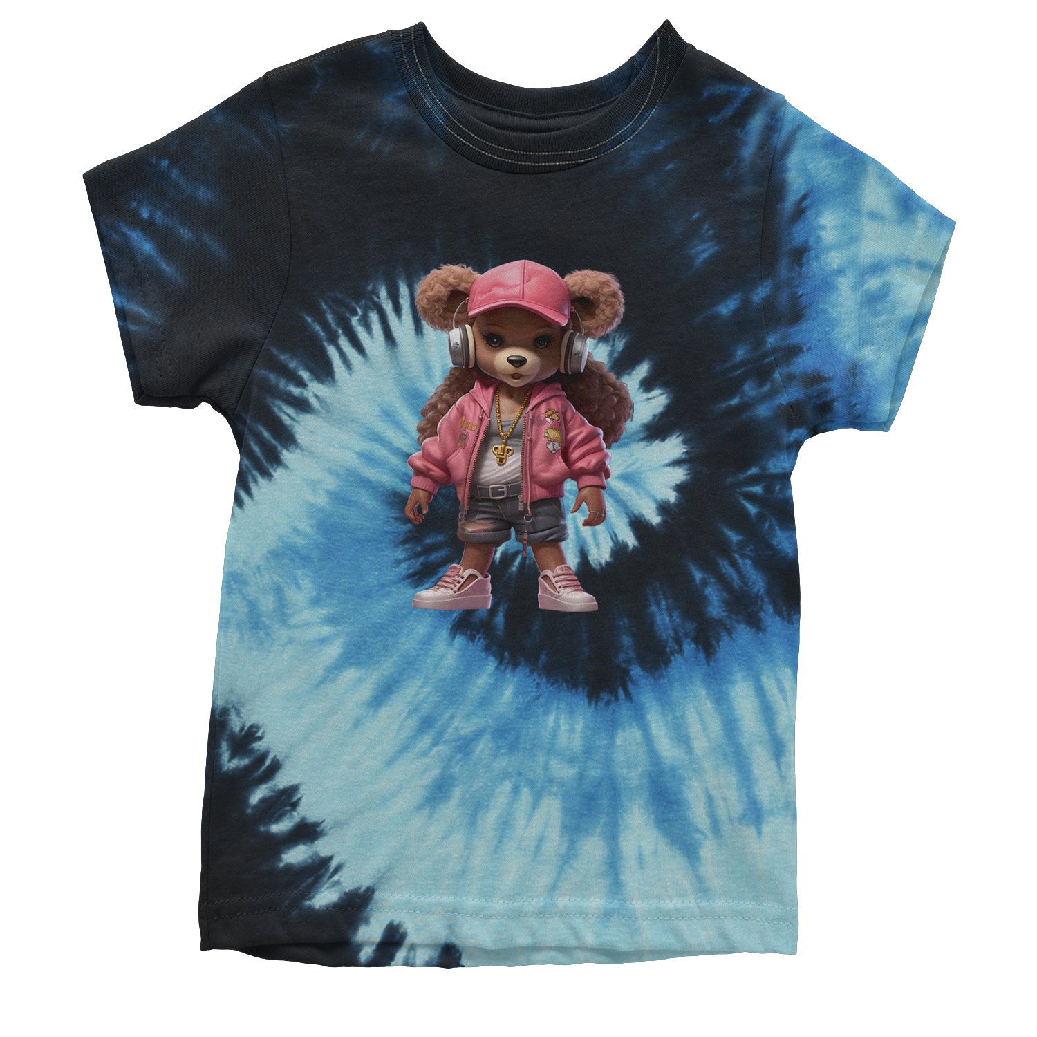 Pink Female Urban Graffiti Bear Youth T-shirt Tie-Dye Blue Ocean