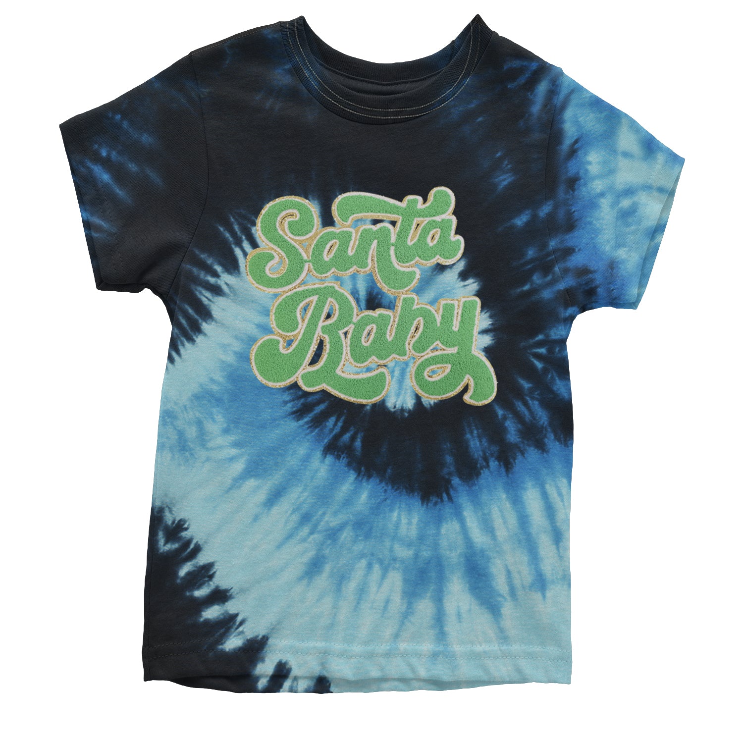 Green Santa Baby Chenille Patch Youth T-shirt Tie-Dye Blue Ocean