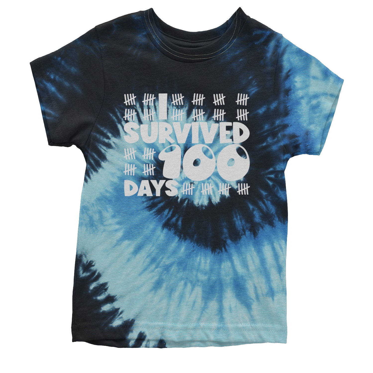 I Survived 100 Days Tally Marks Youth T-shirt Tie-Dye Blue Ocean