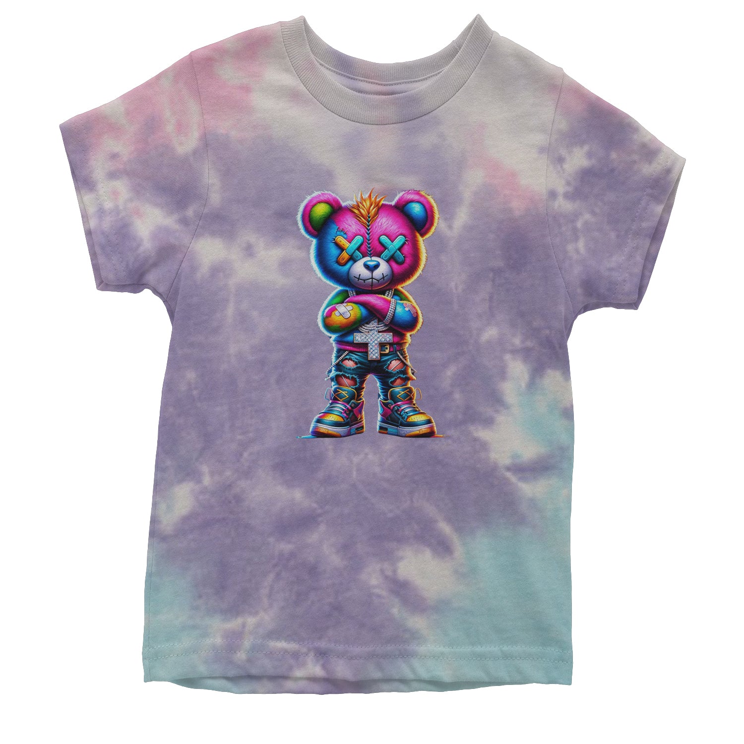 Stitched Neon Urban Graffiti Bear Youth T-shirt Tie-Dye Cotton Candy