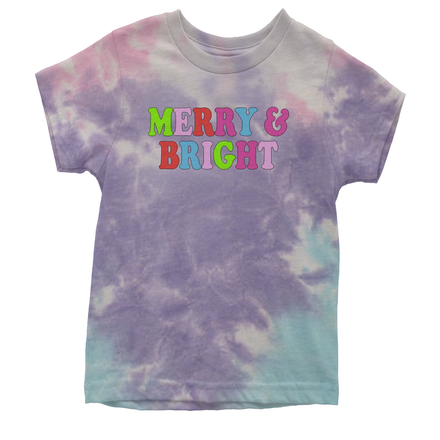 Merry and Bright Festive Christmas Holiday Youth T-shirt Tie-Dye Cotton Candy