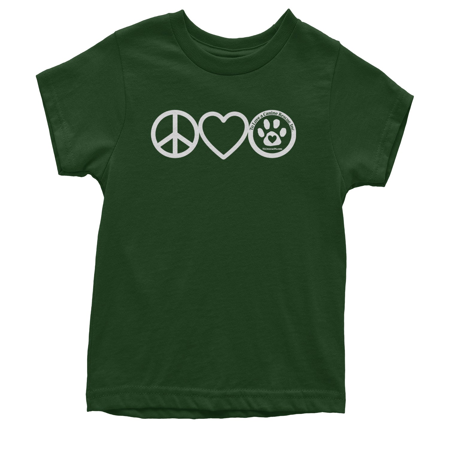 Peace, Love and TLC Dog Rescue Youth T-shirt Forest Green