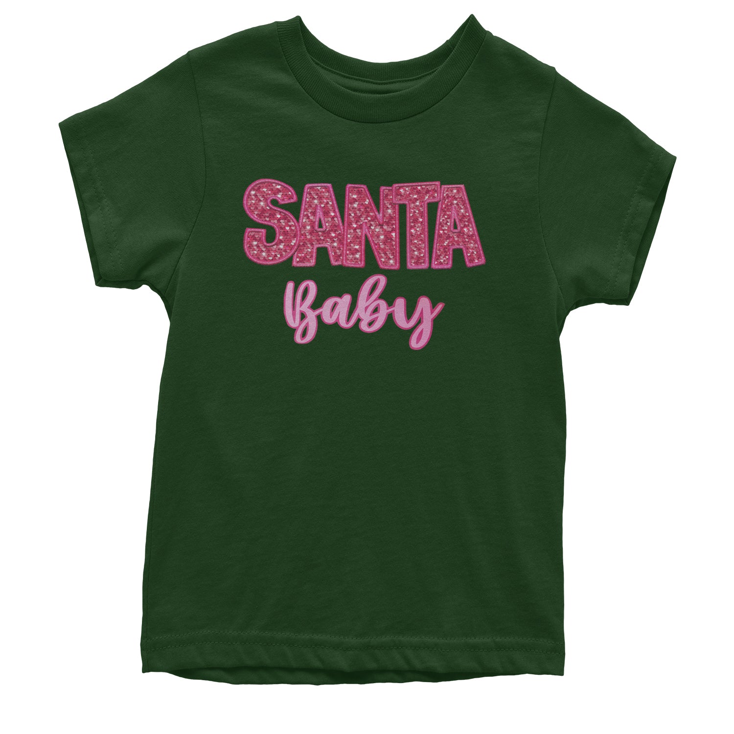 Santa Baby Faux Patch and Sequins Youth T-shirt Forest Green