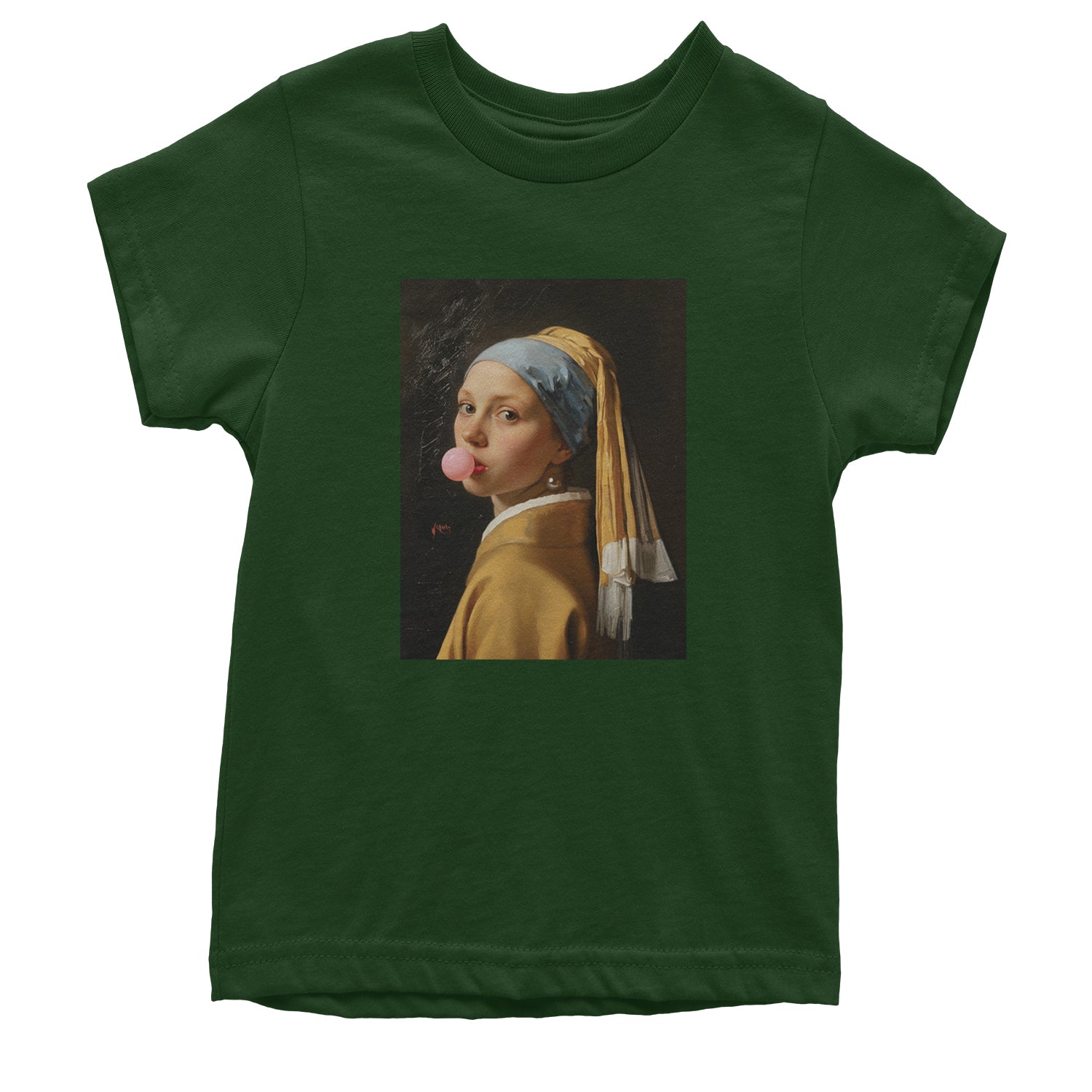 Girl with a Pearl Earring Bubble Gum Contemporary Art Youth T-shirt Forest Green