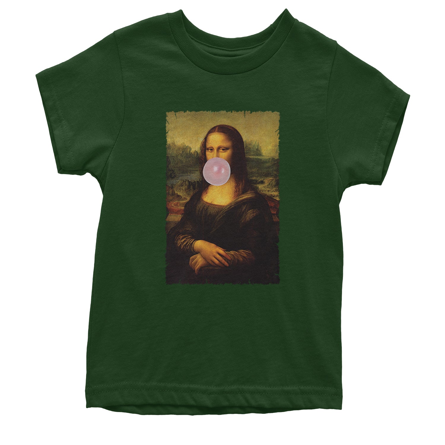 Mona Lisa Smile Pink Bubble Gum Da Vinci Icon Youth T-shirt Forest Green