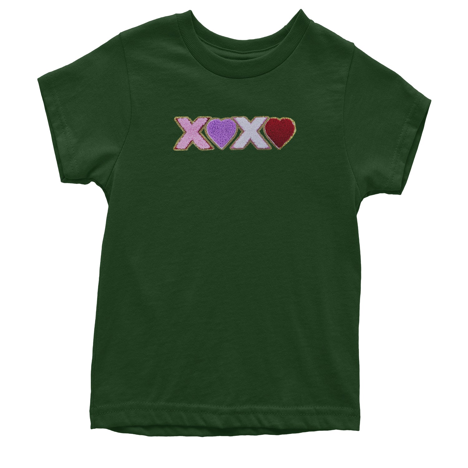 XOXO Chenille Patch Valentines Days Youth T-shirt Forest Green