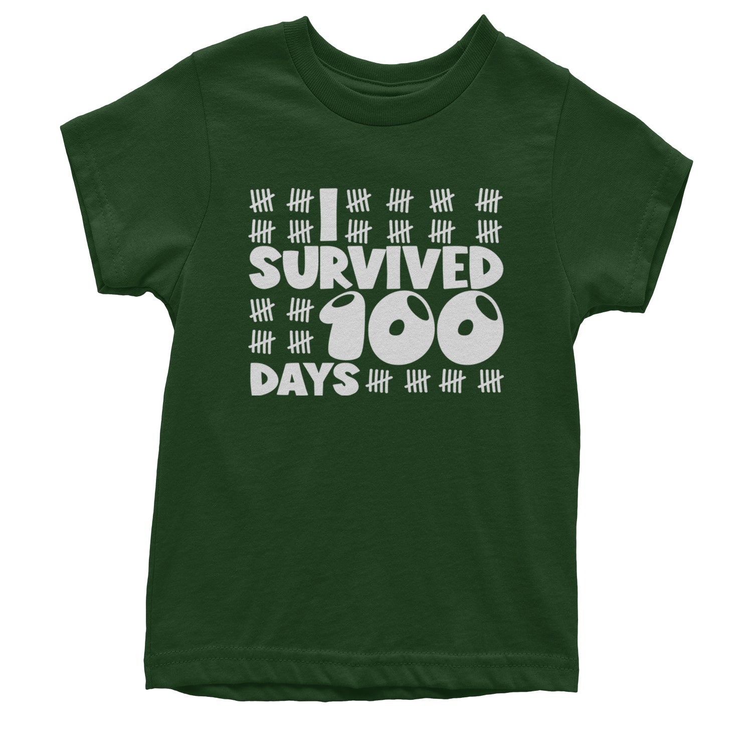 I Survived 100 Days Tally Marks Youth T-shirt Forest Green