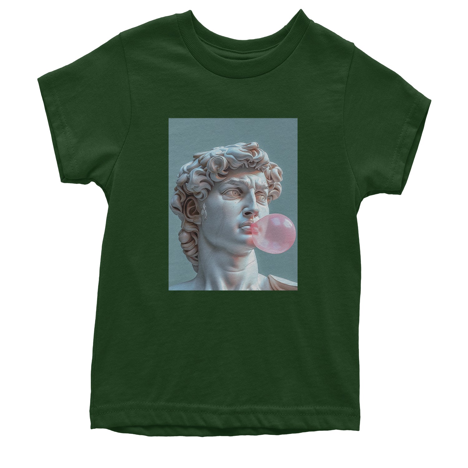 Michelangelo's David with Bubble Gum Contemporary Statue Art Youth T-shirt Forest Green