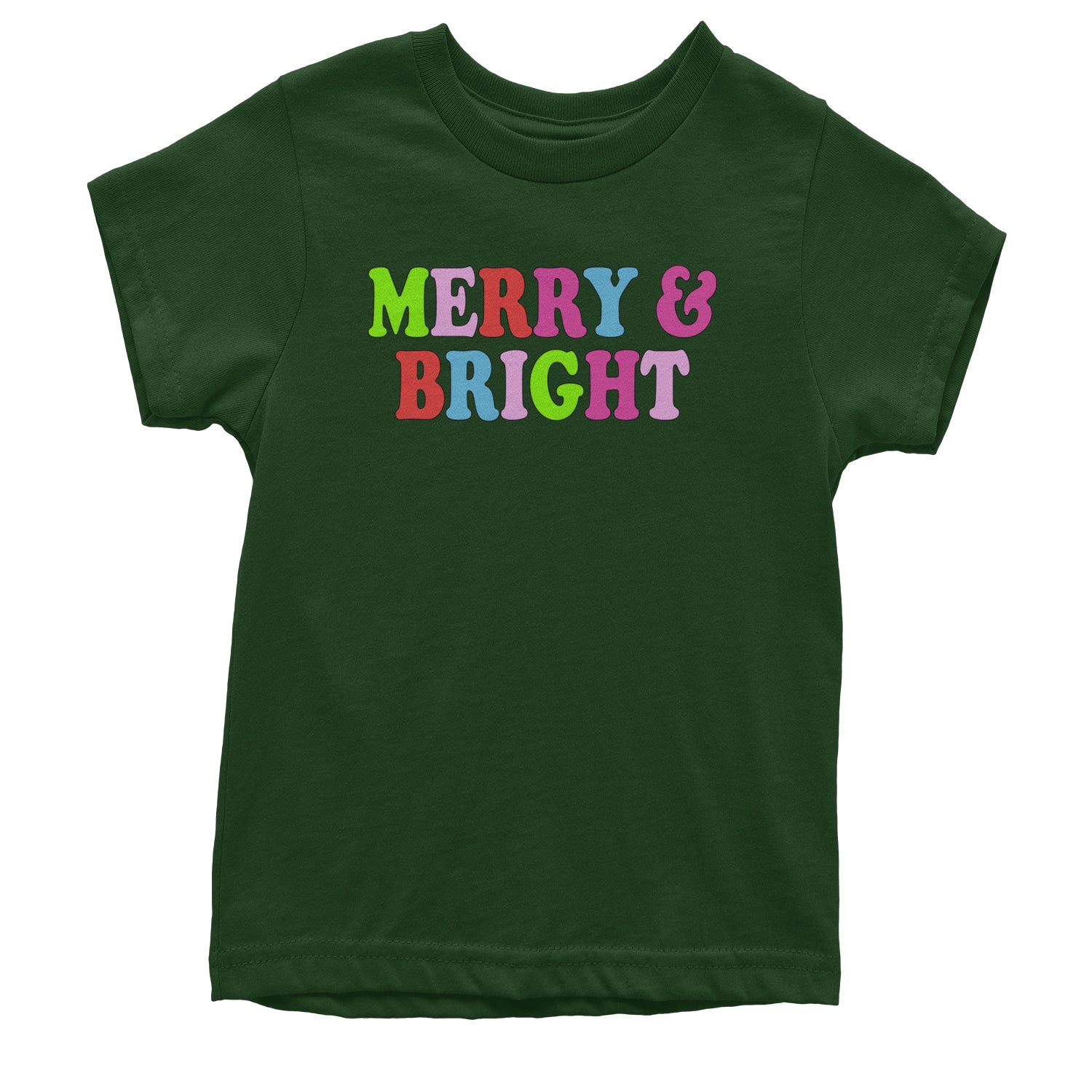 Merry and Bright Festive Christmas Holiday Youth T-shirt Forest Green