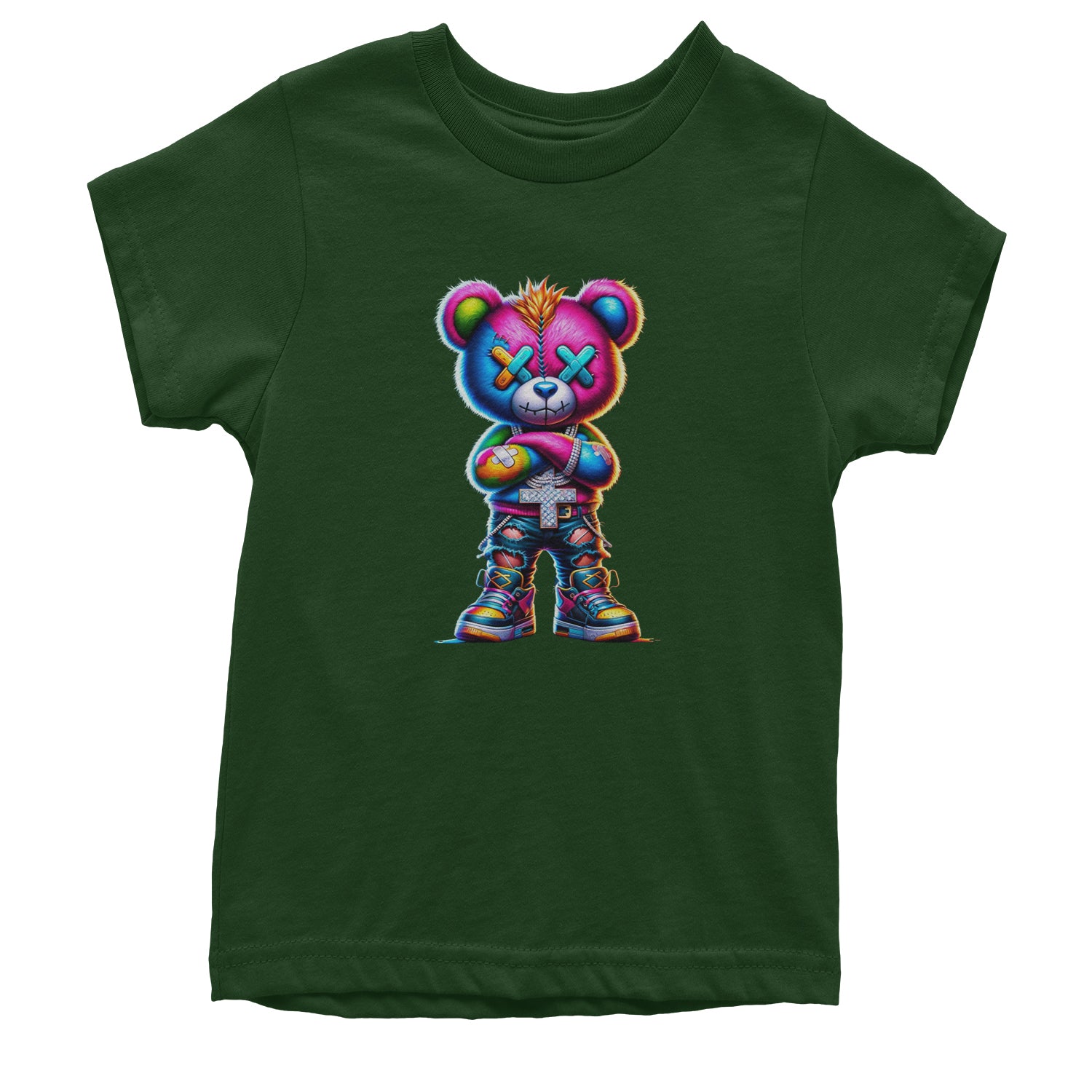 Stitched Neon Urban Graffiti Bear Youth T-shirt Black