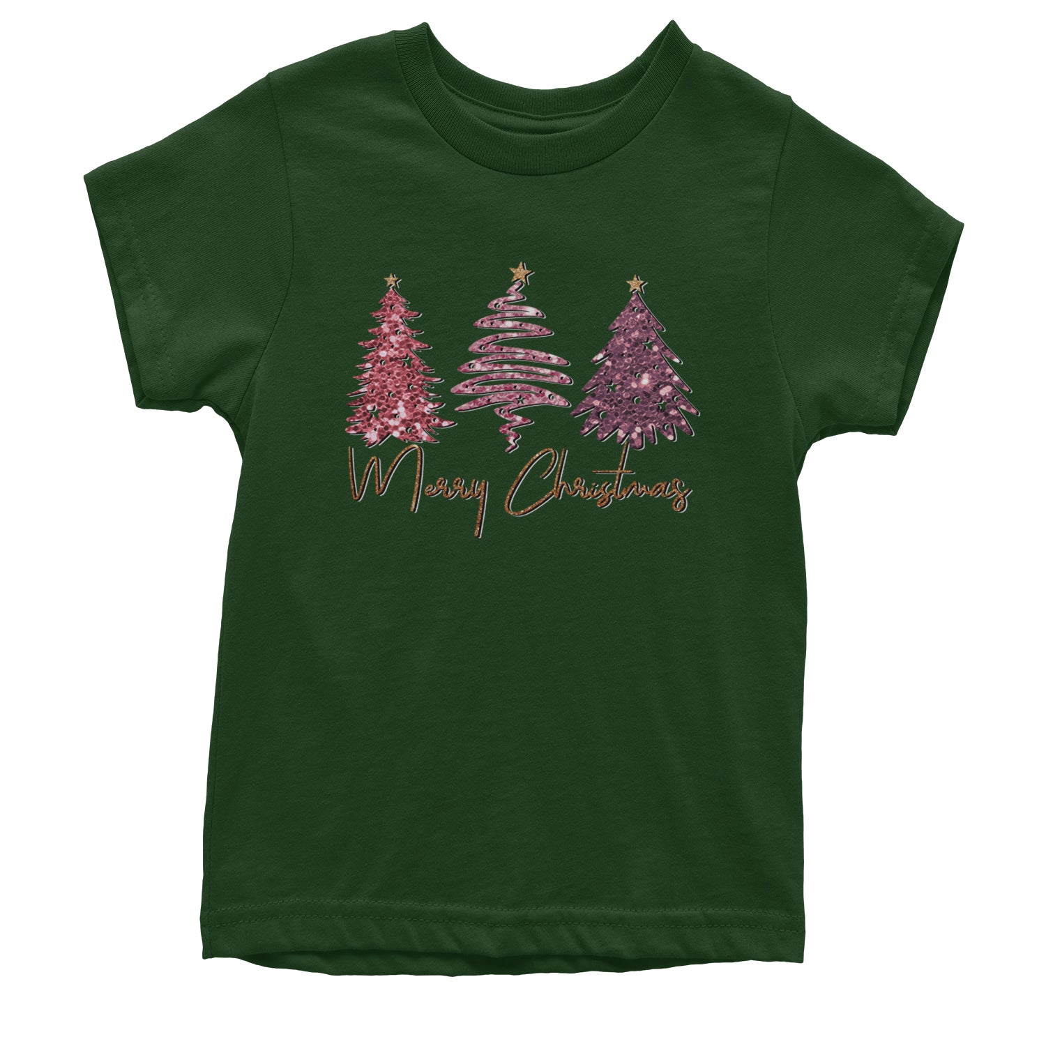 Merry Christmas Faux Glitter Trees Youth T-shirt Forest Green