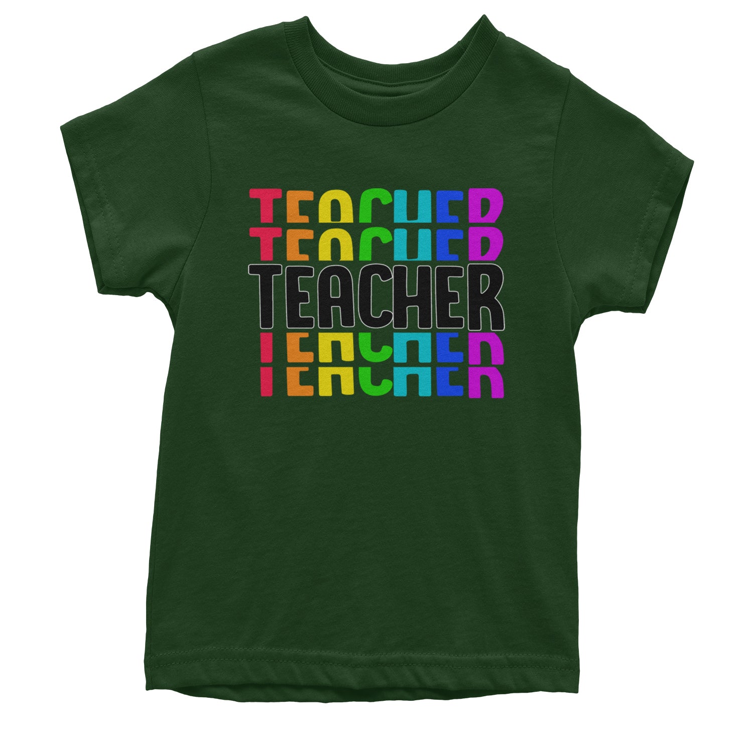 Teacher Repeated Rainbow Pattern Youth T-shirt Forest Green