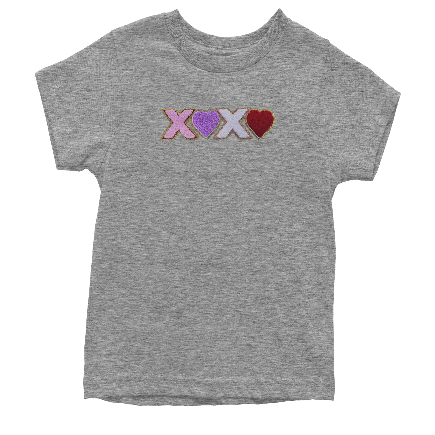 XOXO Chenille Patch Valentines Days Youth T-shirt Heather Grey