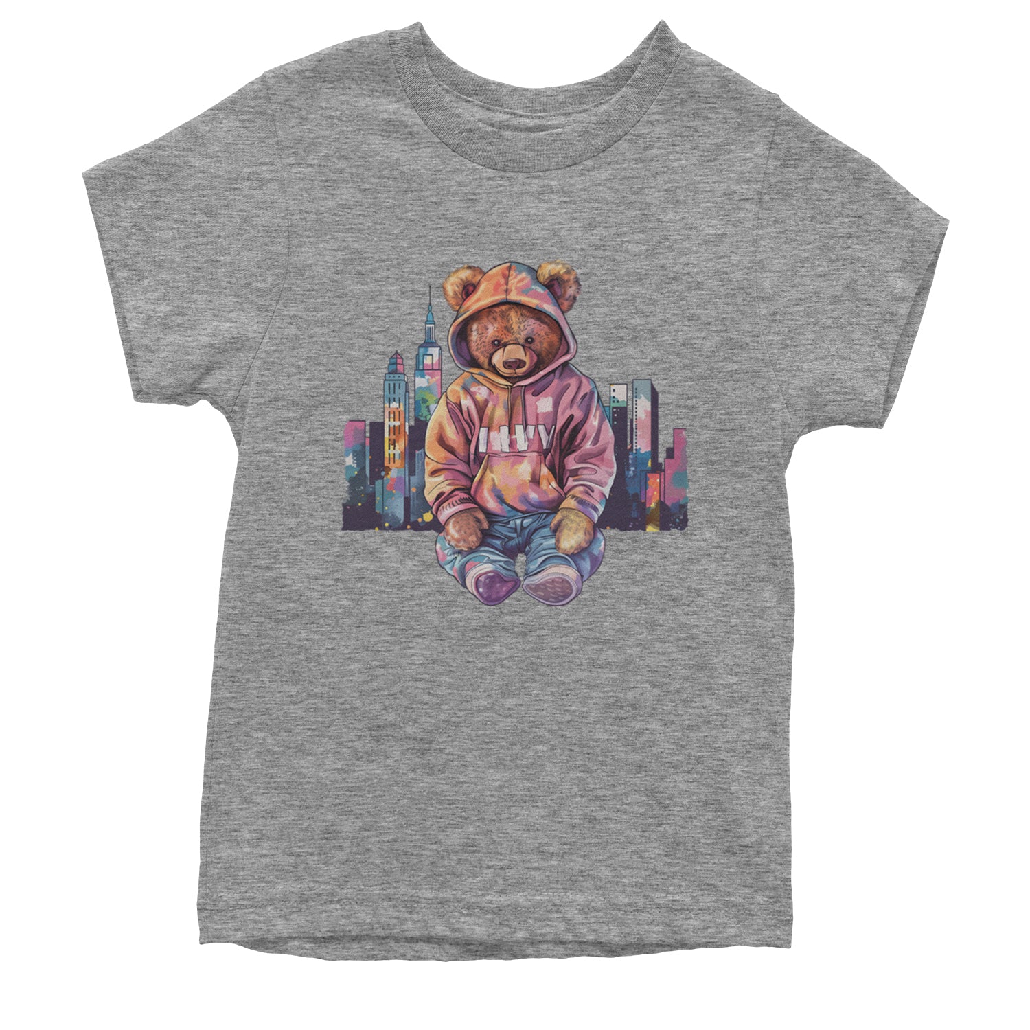 City Skyline Urban Graffiti Bear Youth T-shirt Heather Grey