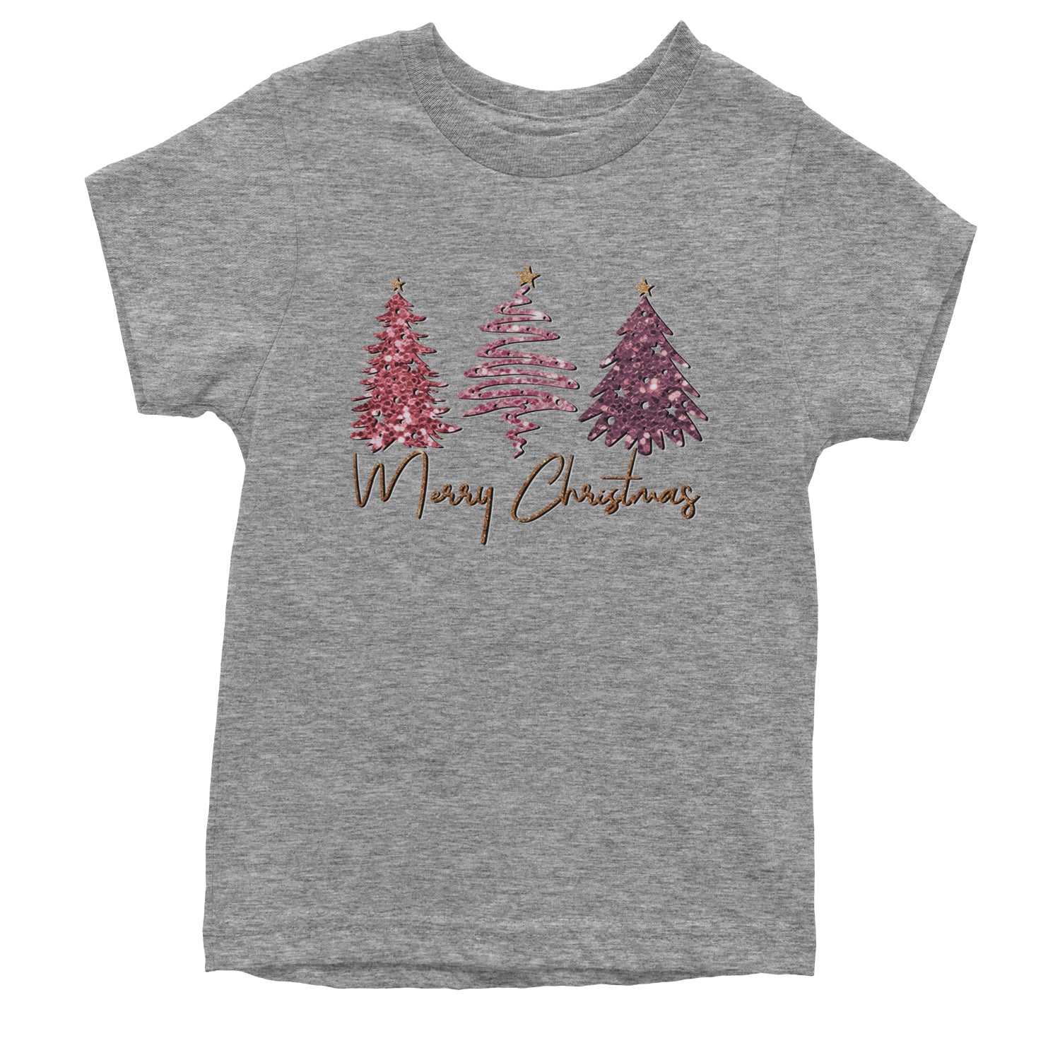 Merry Christmas Faux Glitter Trees Youth T-shirt Heather Grey