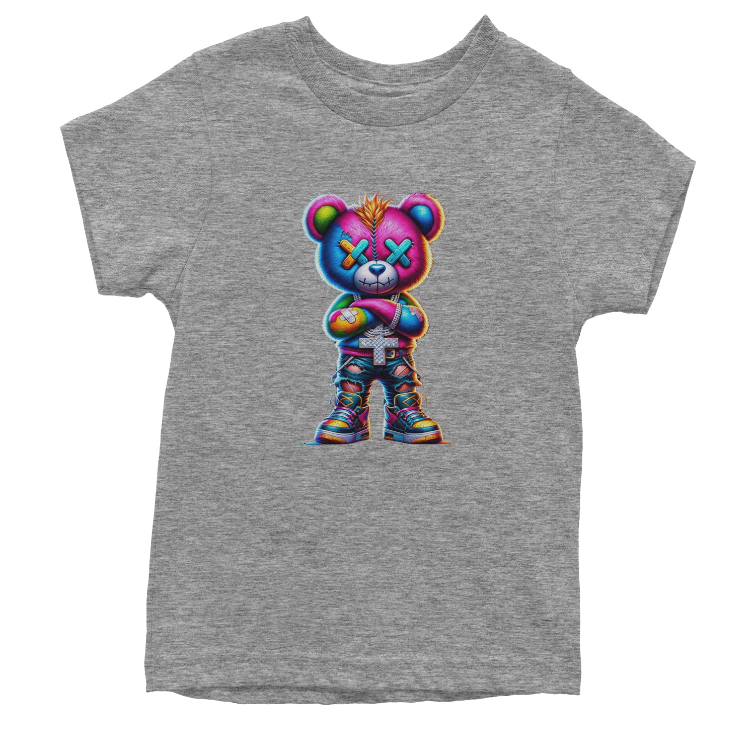 Stitched Neon Urban Graffiti Bear Youth T-shirt Heather Grey