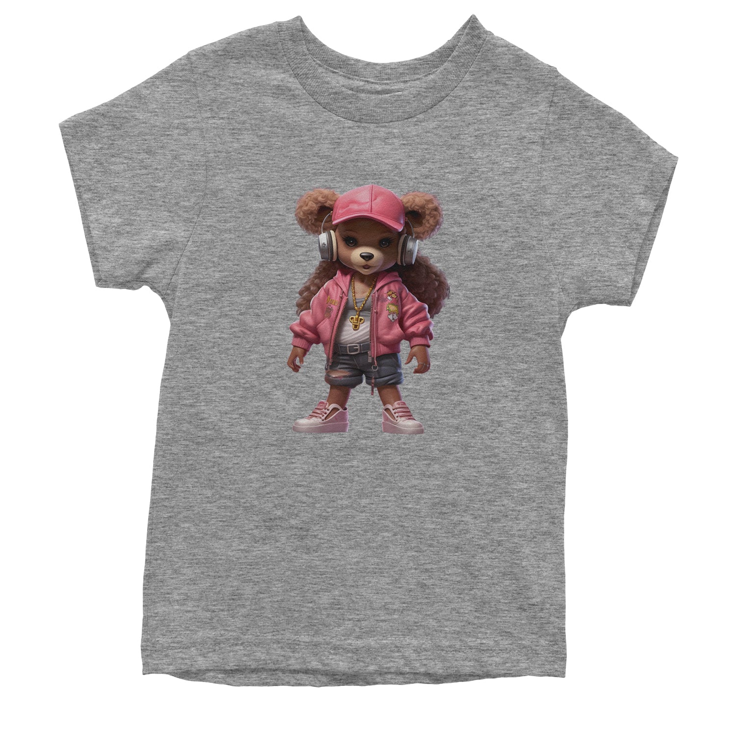 Pink Female Urban Graffiti Bear Youth T-shirt Heather Grey