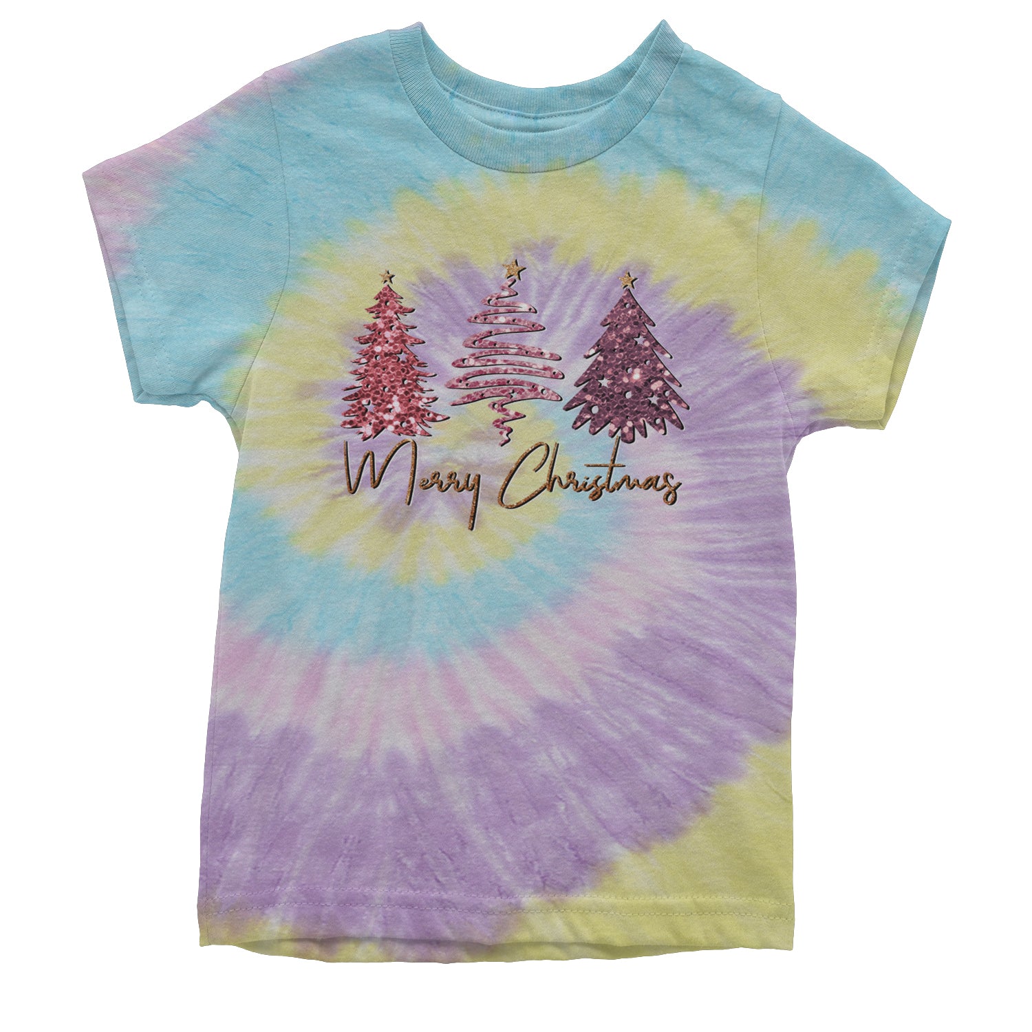 Merry Christmas Faux Glitter Trees Youth T-shirt Tie-Dye Jellybean