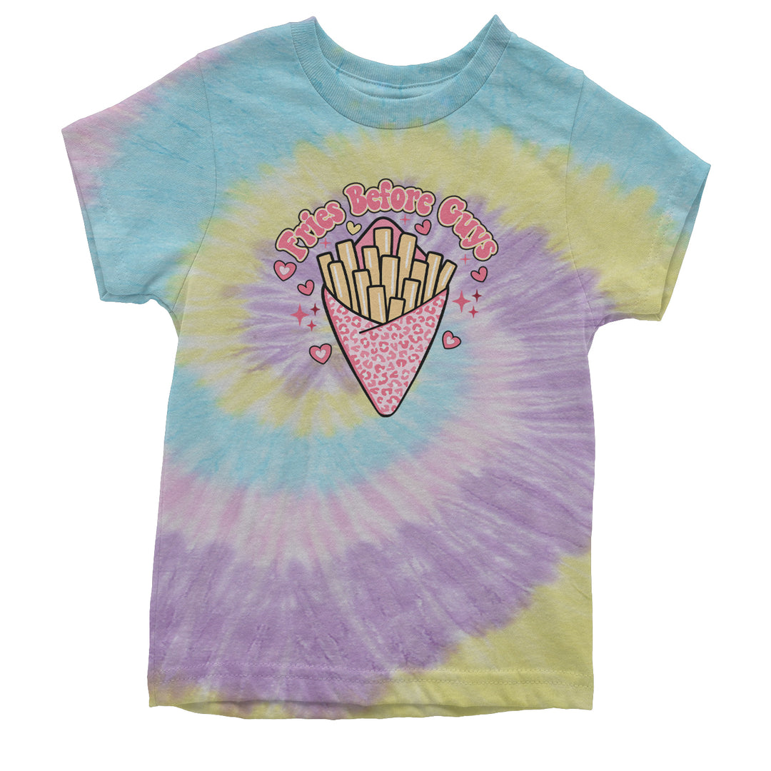 Fries Before Guys graphic on Kids' Heavyweight Cotton T-Shirt in Tie-Dye Jellybean