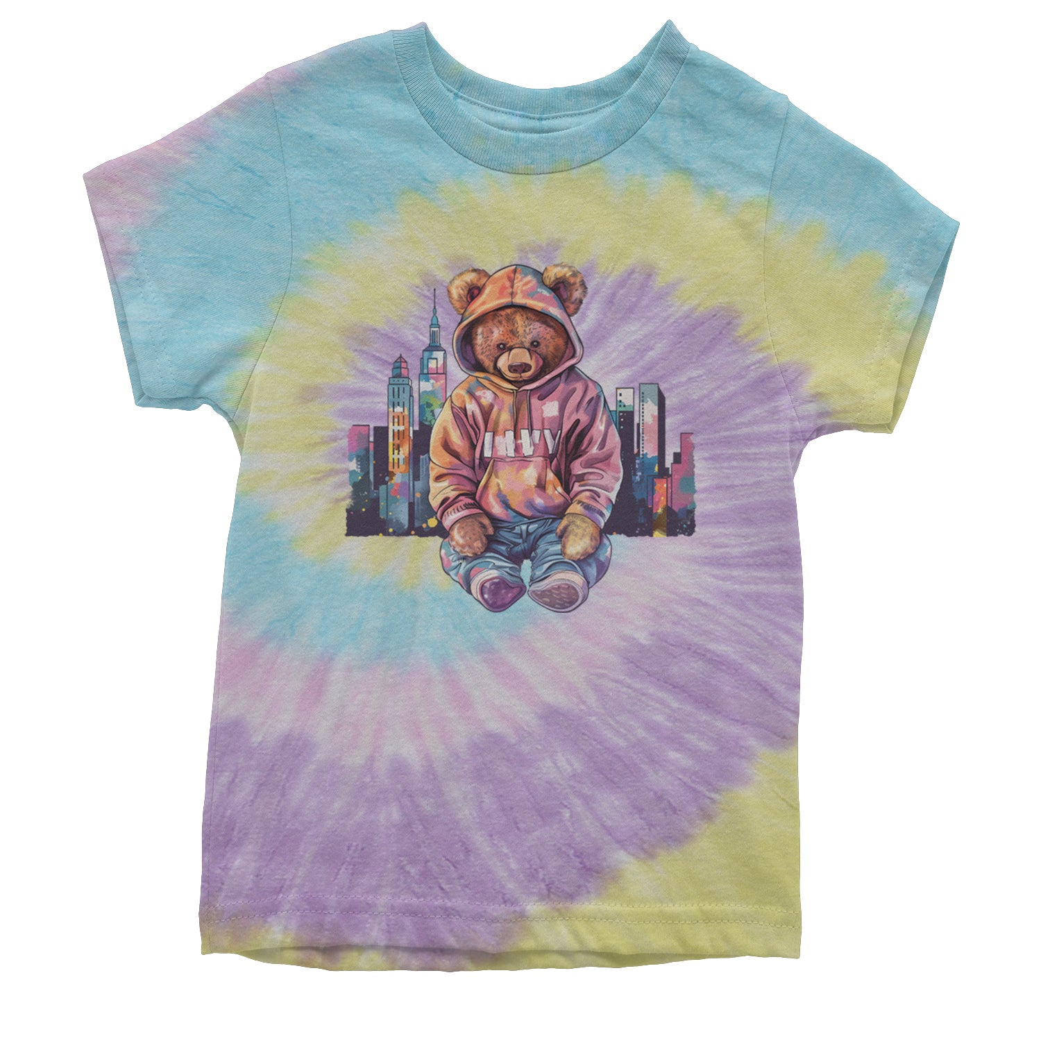 City Skyline Urban Graffiti Bear Youth T-shirt Tie-Dye Jellybean